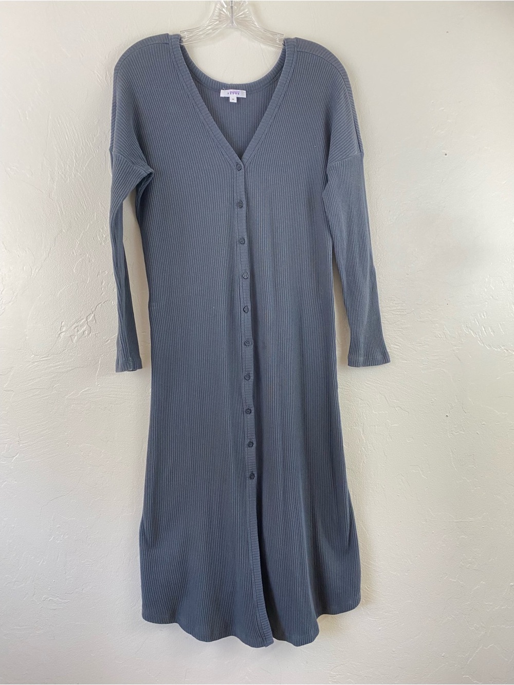 VETTA Size Medium Charcoal Grey Ribbed Cotton Knit Full Sleeve Button Down Dress